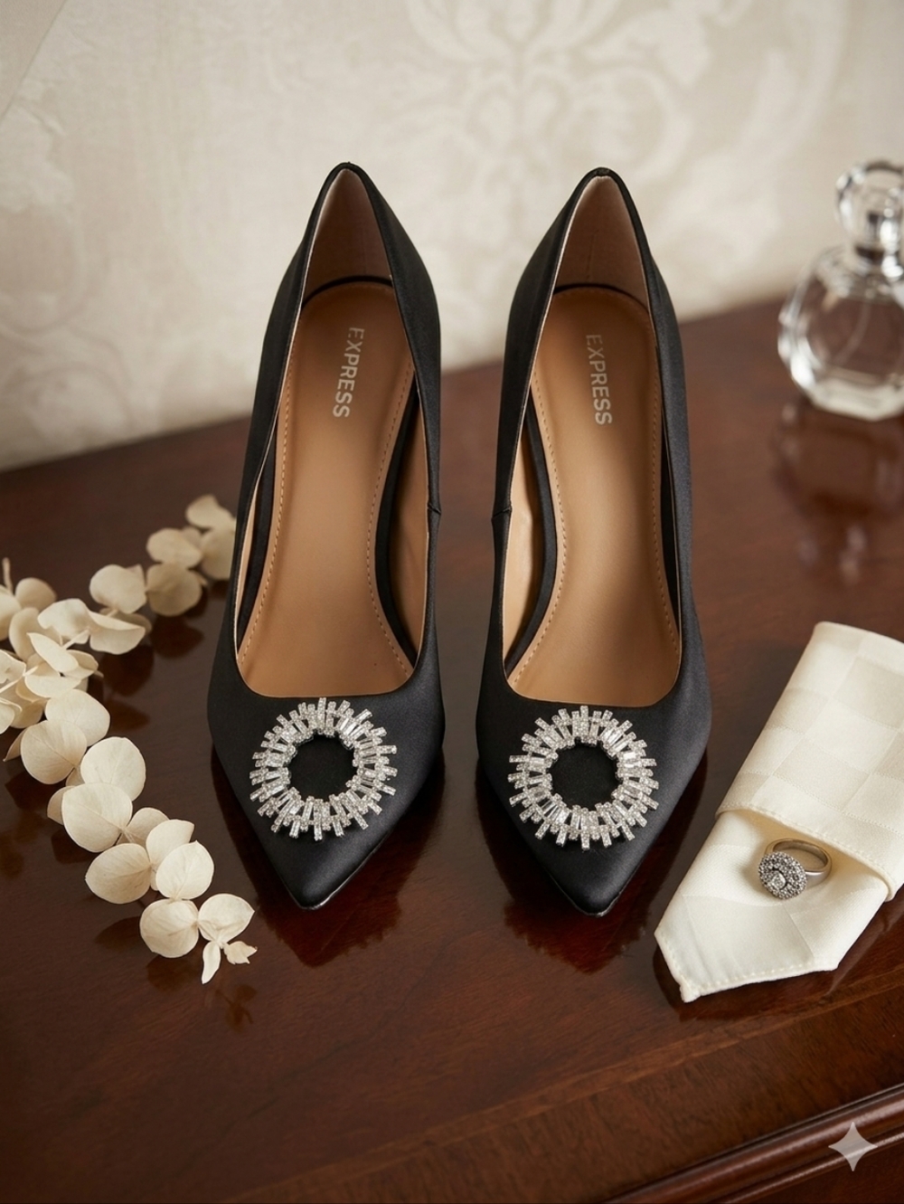 Express Black Satin Rhinestones Sunburst Pumps Heels in size 9